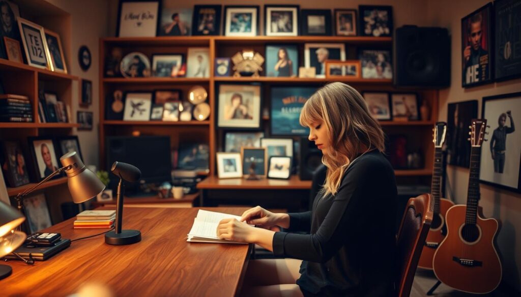 A serene, cozy studio interior with warm lighting. In the foreground, Taylor Swift sits at a wooden desk, intently focused on a notebook as she composes a new song. The background features shelves brimming with music memorabilia, awards, and framed album covers, reflecting her remarkable songwriting success. Strategically placed studio equipment, including a microphone and guitars, hint at the creative process. The overall atmosphere conveys a sense of quiet contemplation and artistic inspiration, capturing the essence of Swift's unique path to billionaire status through her exceptional songwriting talents.