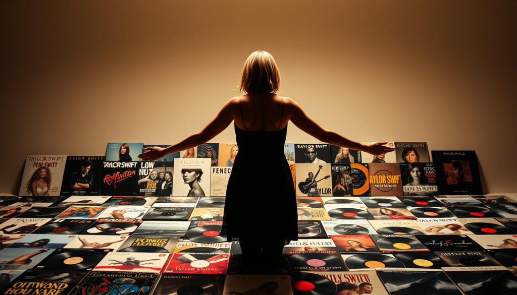A studio-lit, high-resolution photograph showcasing the musical evolution of Taylor Swift's expansive discography. In the foreground, a collection of her iconic album covers, meticulously arranged to reveal the trajectory of her artistry, from the country-tinged "Taylor Swift" to the synth-pop stylings of "Reputation" and the indie folk of "Folklore." The middle ground features a mosaic of her award-winning singles, each represented by a vinyl record, casting a warm, nostalgic glow. In the background, a shadowy silhouette of the artist herself, arms outstretched, as if conducting the symphony of her musical legacy. The overall composition conveys the grandeur and significance of Taylor Swift's journey to becoming a cultural and financial powerhouse.