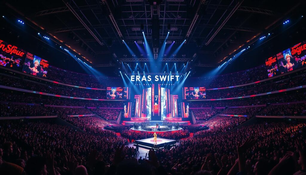 A sweeping arena stage bathed in vibrant lights, filled with an electrified audience. At the center, Taylor Swift commands the spotlight, her captivating performance showcasing the sheer scale and financial success of her Eras Tour. The stage is adorned with intricate set pieces, meticulously designed to create an immersive visual spectacle. The audience, a sea of adoring fans, their energy and enthusiasm palpable. Towering screens behind the stage display dazzling visuals, complementing the tour's elaborate production. This image captures the culmination of Taylor's artistic vision and business acumen, a testament to her unparalleled ability to captivate and connect with her global fanbase.
